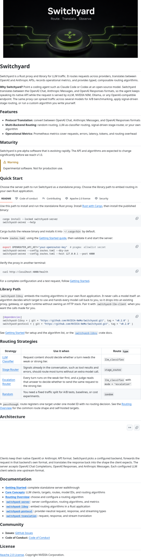 Content-only capture of the official NVIDIA-NeMo Switchyard GitHub README. It shows the Switchyard banner, the Rust proxy and library description, routing and translation features, Quick Start, the Library Path dependency block with https://github.com/NVIDIA-NeMo/Switchyard.git and tag v0.2.0, and the Routing Strategies table.