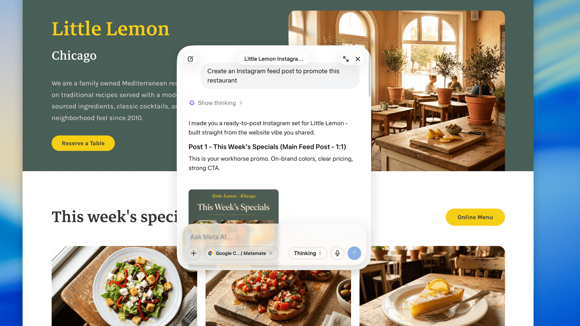 Meta AI Mac app window-sharing: a floating Meta AI chat window over a browser showing the Little Lemon restaurant site, with the shared-window context chip 'Google C… | Metamate' and the empty input field 'Ask Meta AI…'.