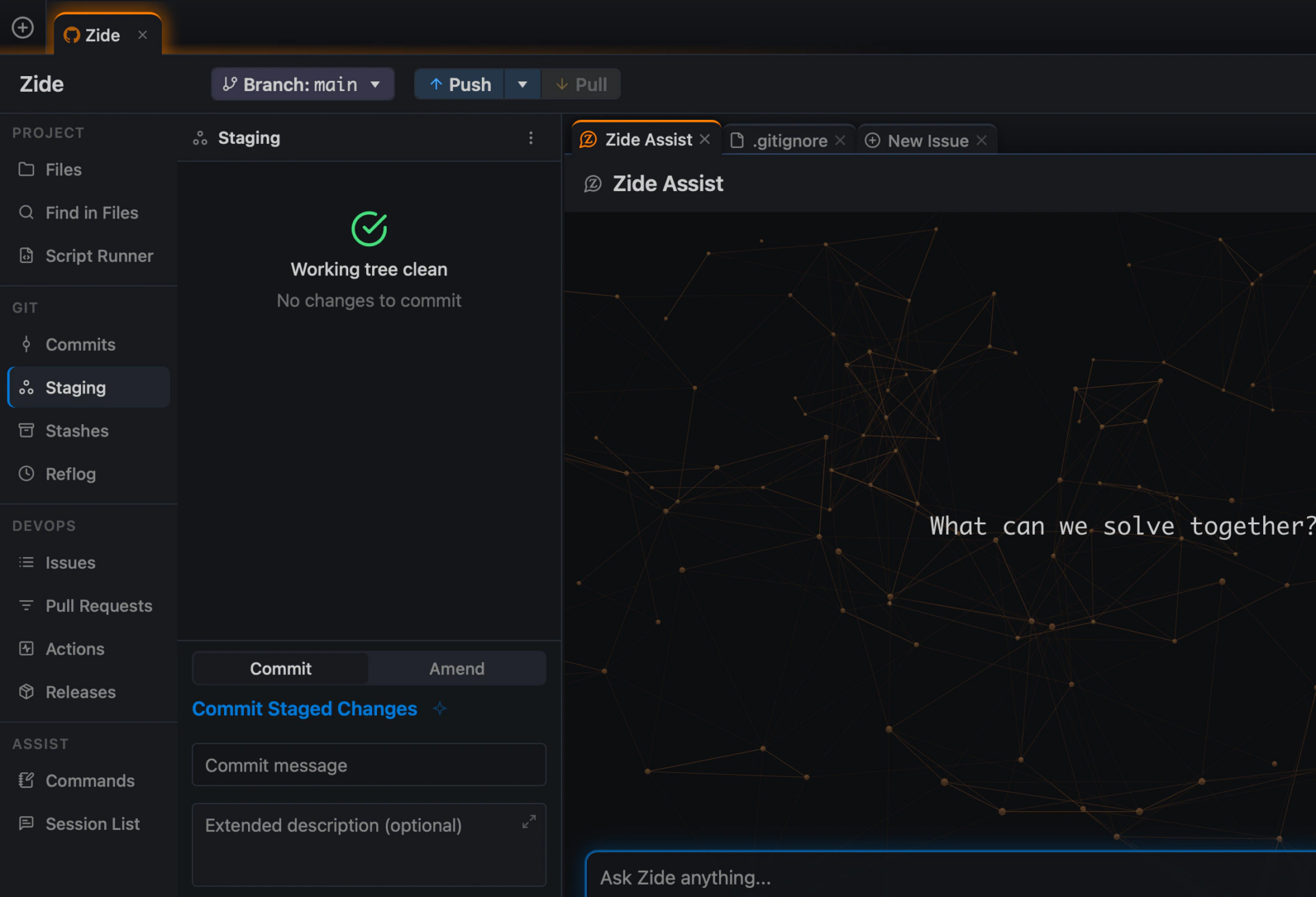 Content-only crop of the official zide.dev body asset screen-pull-request.webp showing the live Zide desktop window with all four axis surfaces visible together: the Project / Git / DevOps / Assist left sidebar (Files, Find in Files, Script Runner, Commits, Staging, Stashes, Reflog, Issues, Pull Requests, Actions, Releases, Commands, Session List), the Branch: main Push/Pull toolbar, the Git Staging panel with a working-tree-clean state and a Commit / Amend toggle, and the Zide Assist composer panel with the hero text 'What can we solve together?' and the sample-input field labeled 'Ask Zide anything...'. Sample values appear in the empty commit message input. The right status bar with PLAN Zide Assist Max and the CREDITS balance is cropped out so the convergence beat stays focused on the three-axis surface area; the visible v0.6.0 build tag and the verified 'Branch: main' / 'Push' / 'Pull' / 'Working tree clean' / 'Zide Assist' verbatim labels confirm this is the real, shipped Zide UI surface.