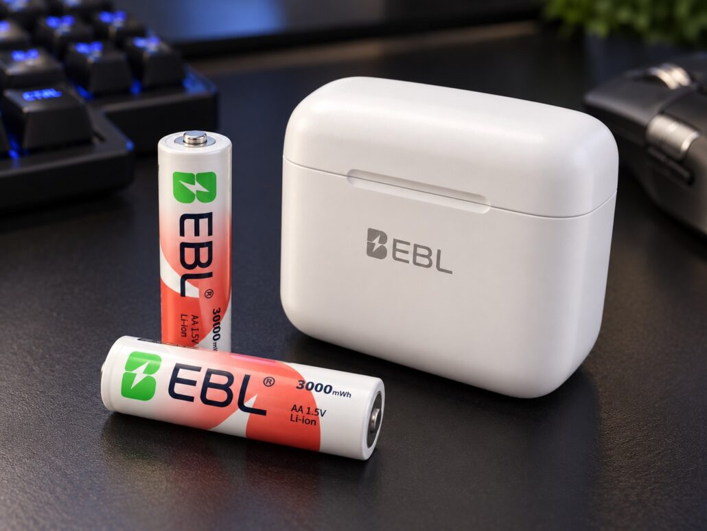 EBL AIR III rechargeable AA batteries beside their charging and storage box