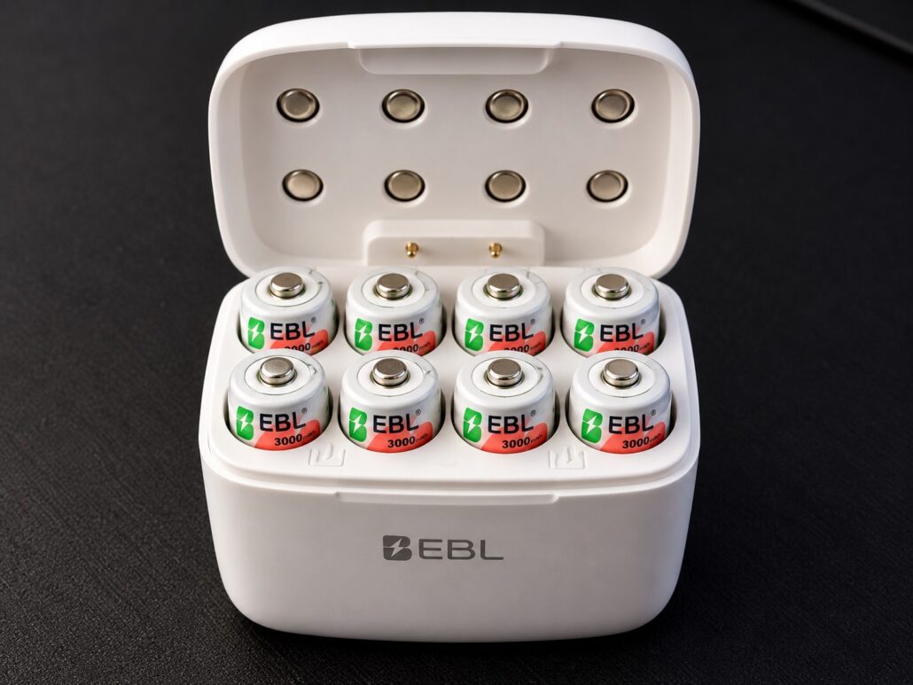 Open EBL AIR III charging box with eight rechargeable AA batteries