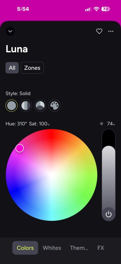 LIFX app color controls for Luna showing a magenta selection at 310 degrees hue and 100 percent saturation.