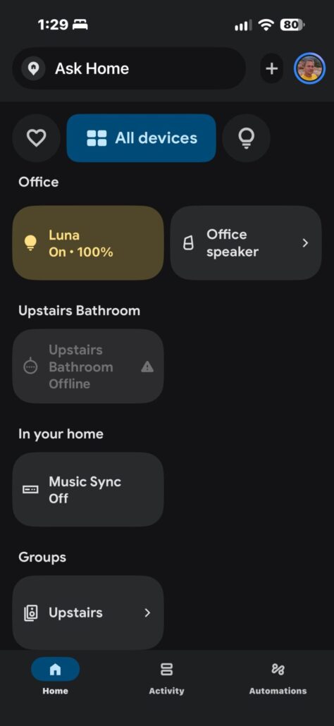 LIFX app All devices view showing Luna on at 100% in the Office group and an upstairs bathroom device offline