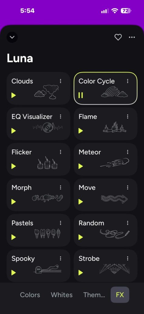 LIFX app FX screen showing animated effects including Clouds, Color Cycle, Flame, Meteor, and other presets.