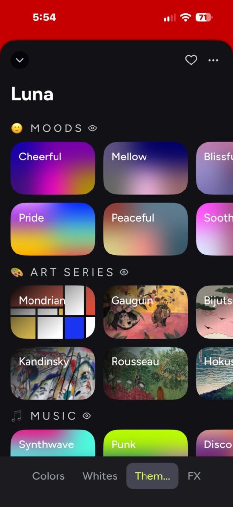 LIFX app Themes screen for Luna showing mood, art series, and music color palettes.