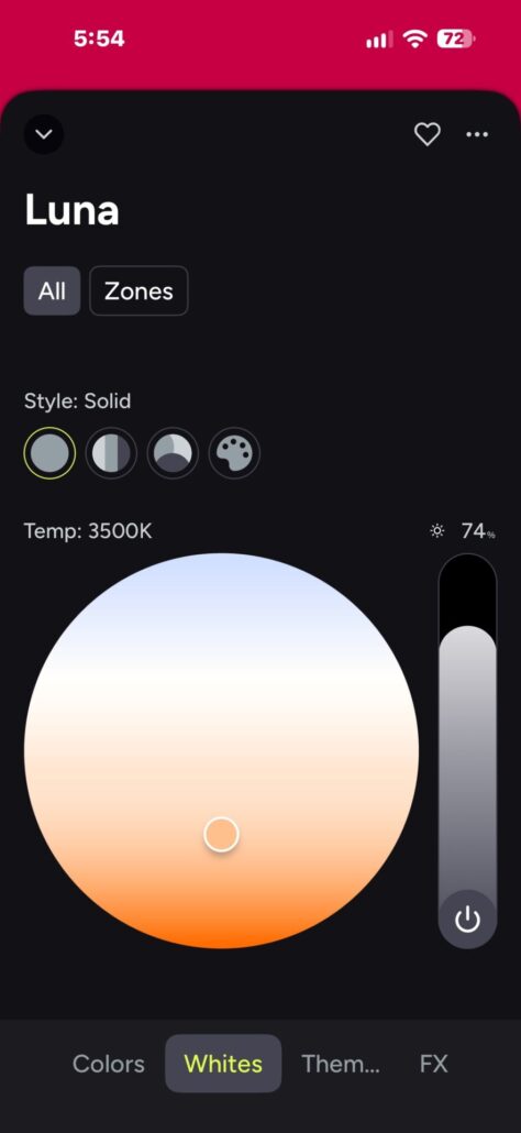 LIFX app Whites controls for Luna showing a 3500K color temperature.