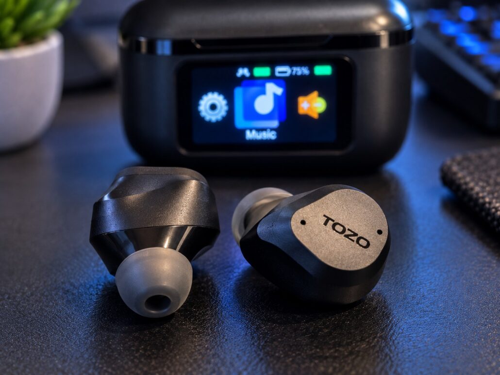 TOZO NC9 Pro wireless earbuds showing the silicone ear tip and outer touch surface