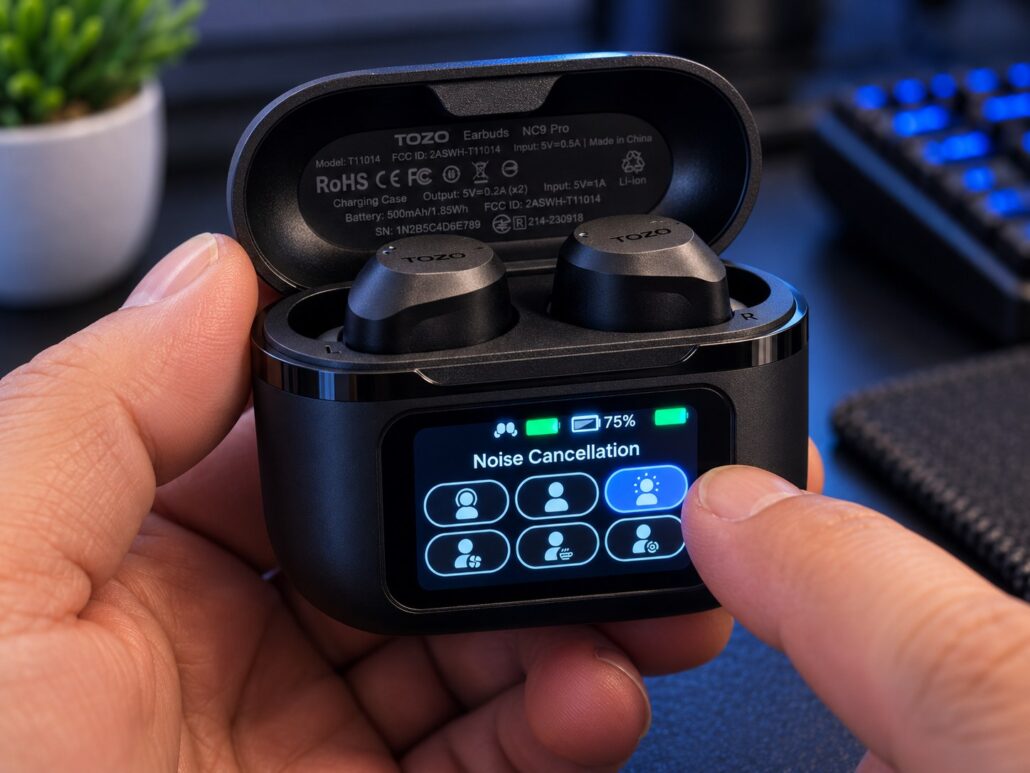 TOZO NC9 Pro charging case touchscreen showing noise cancellation and transparency controls