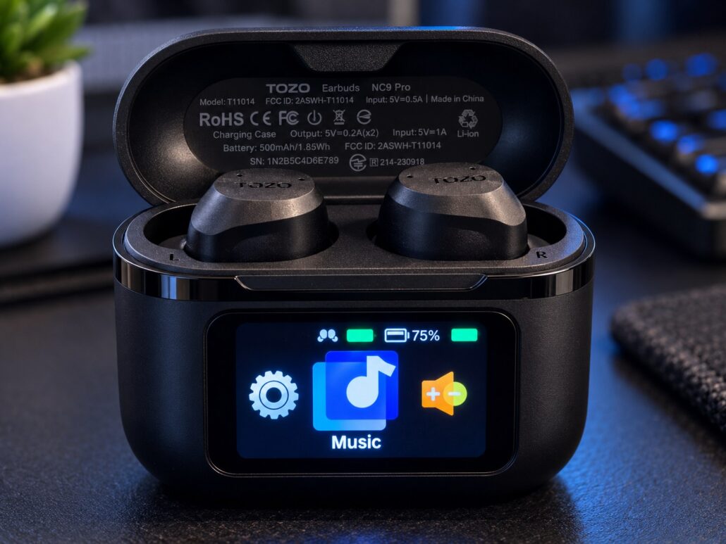TOZO NC9 Pro earbuds in the open touchscreen charging case