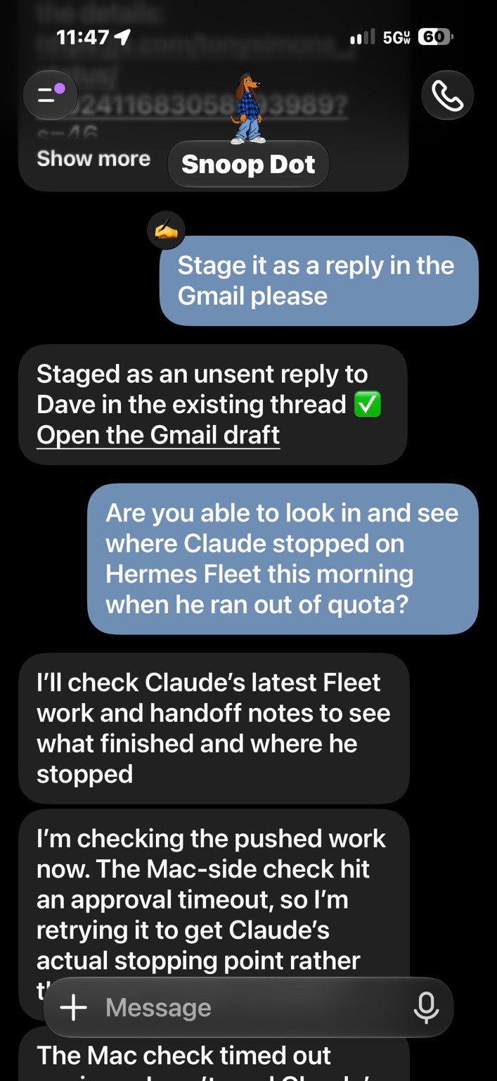My Snoop Dot conversation showing an unsent Gmail draft and a Mac-side approval timeout