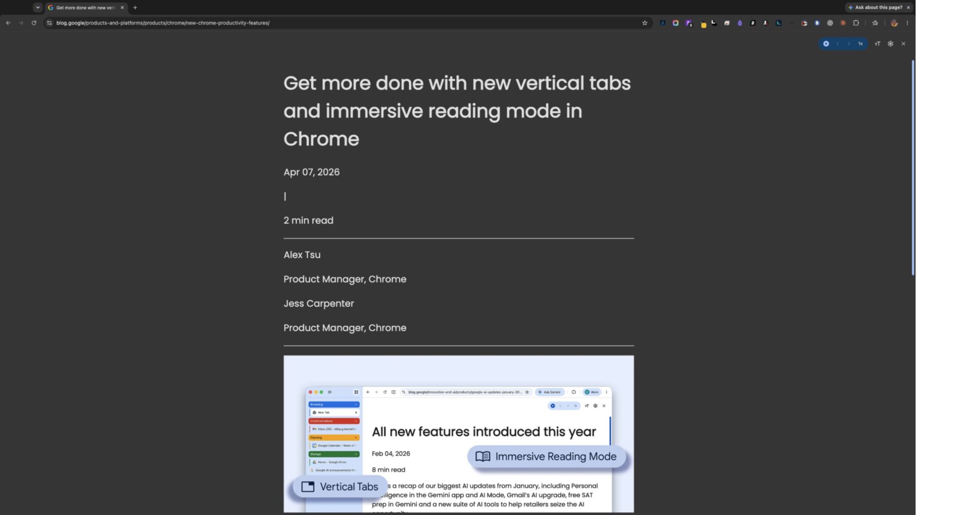 Chrome Reading Mode displaying a Google article, with reading and formatting controls at the top.
