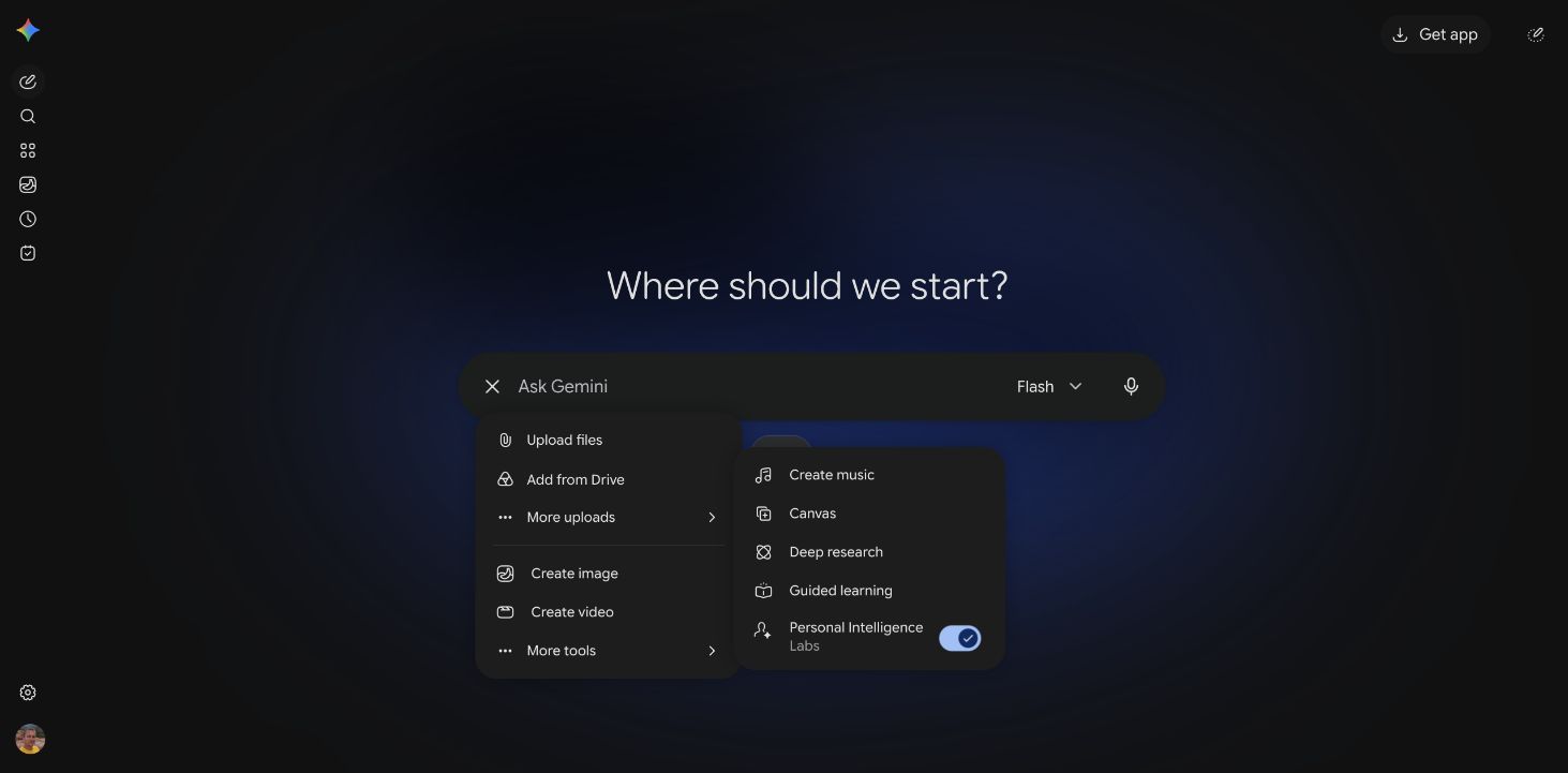 Gemini web app menu showing Canvas under More tools.