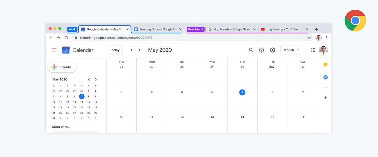 Google's illustration of Chrome with Work and Best friend tab groups in its tab strip.