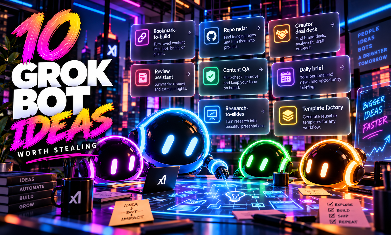 Illustration of ten Grok Bot use ideas, including bookmark-to-build, repo radar, creator deal desk, content QA, daily briefs, research-to-slides, and reusable templates, with neon AI bots.