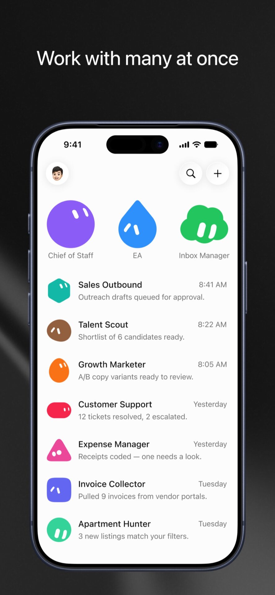 Grok Bot iPhone roster with specialist agents and recent task updates