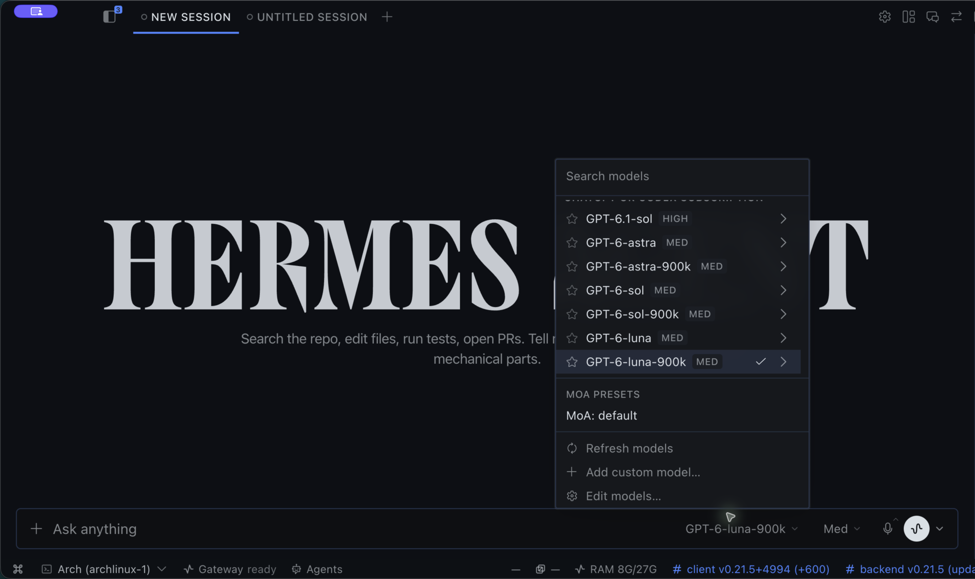 Hermes Desktop with an empty chat and the model picker showing GPT model options