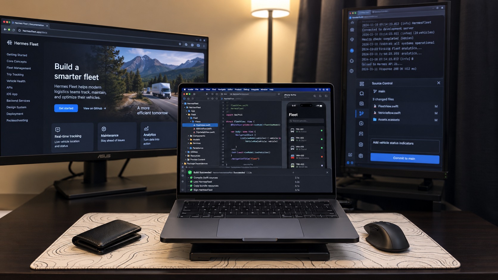AI-generated workspace illustration featuring a Space Black MacBook Pro running a code editor between two development monitors