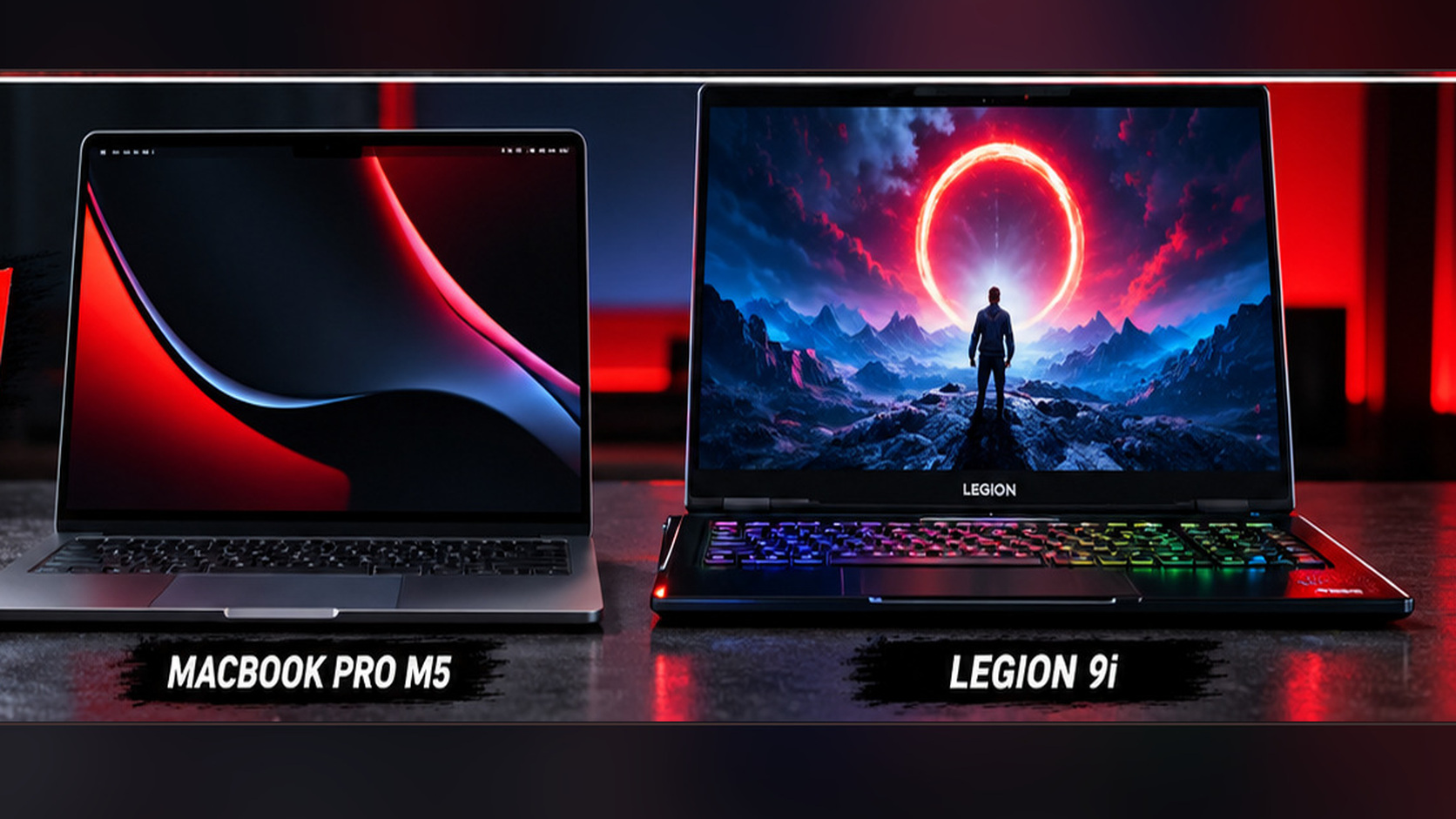 Illustrative side-by-side view of a smaller Space Black MacBook Pro M5 and a larger black Lenovo Legion 9i gaming laptop with RGB keyboard