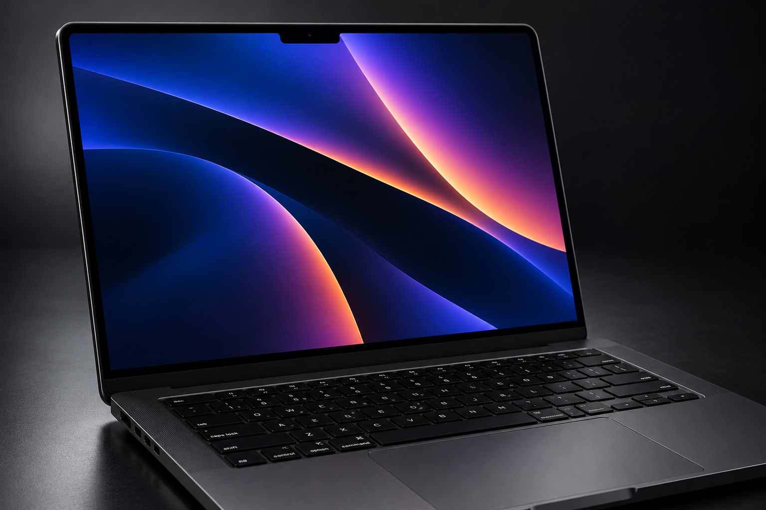 Space Black 14-inch MacBook Pro M5 with vivid blue, violet and orange abstract wallpaper on its Liquid Retina XDR screen