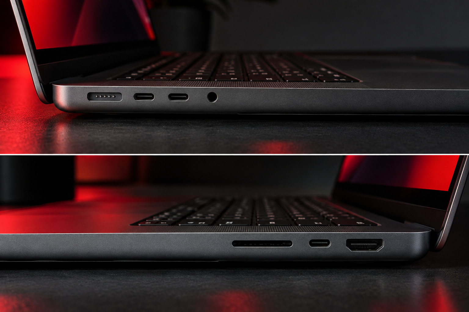 Two close-up views of a Space Black MacBook Pro M5 showing left-side MagSafe, USB-C and headphone connections, and right-side SDXC, USB-C and HDMI ports