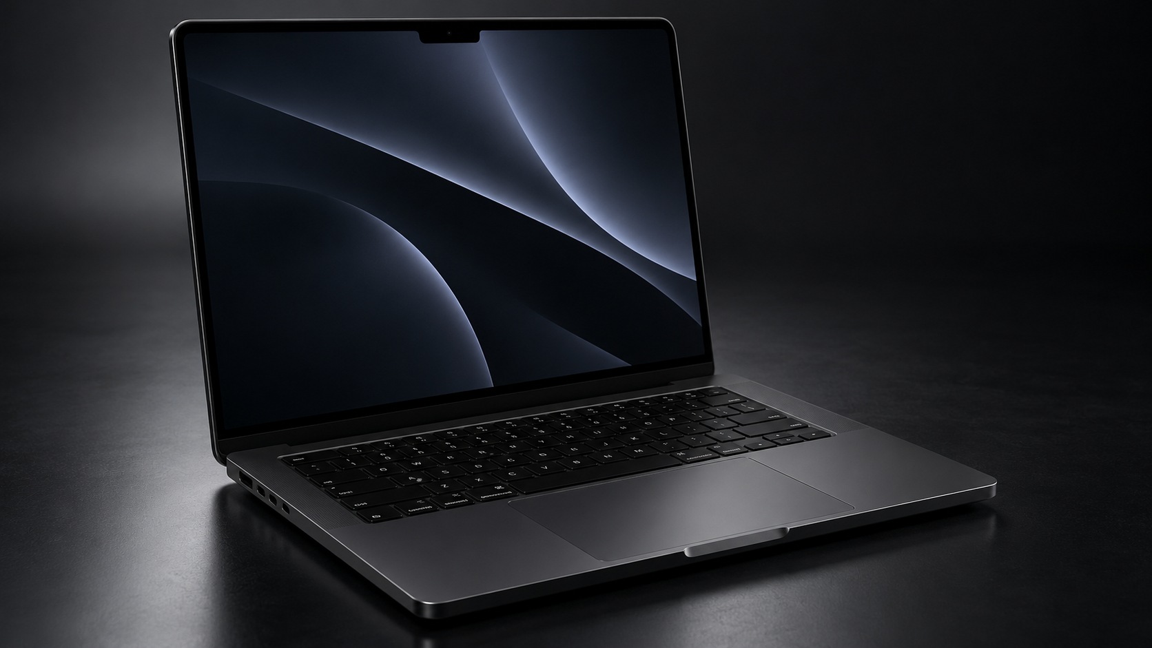 Studio-style view of an open Space Black 14-inch MacBook Pro with dark wallpaper, keyboard and trackpad visible