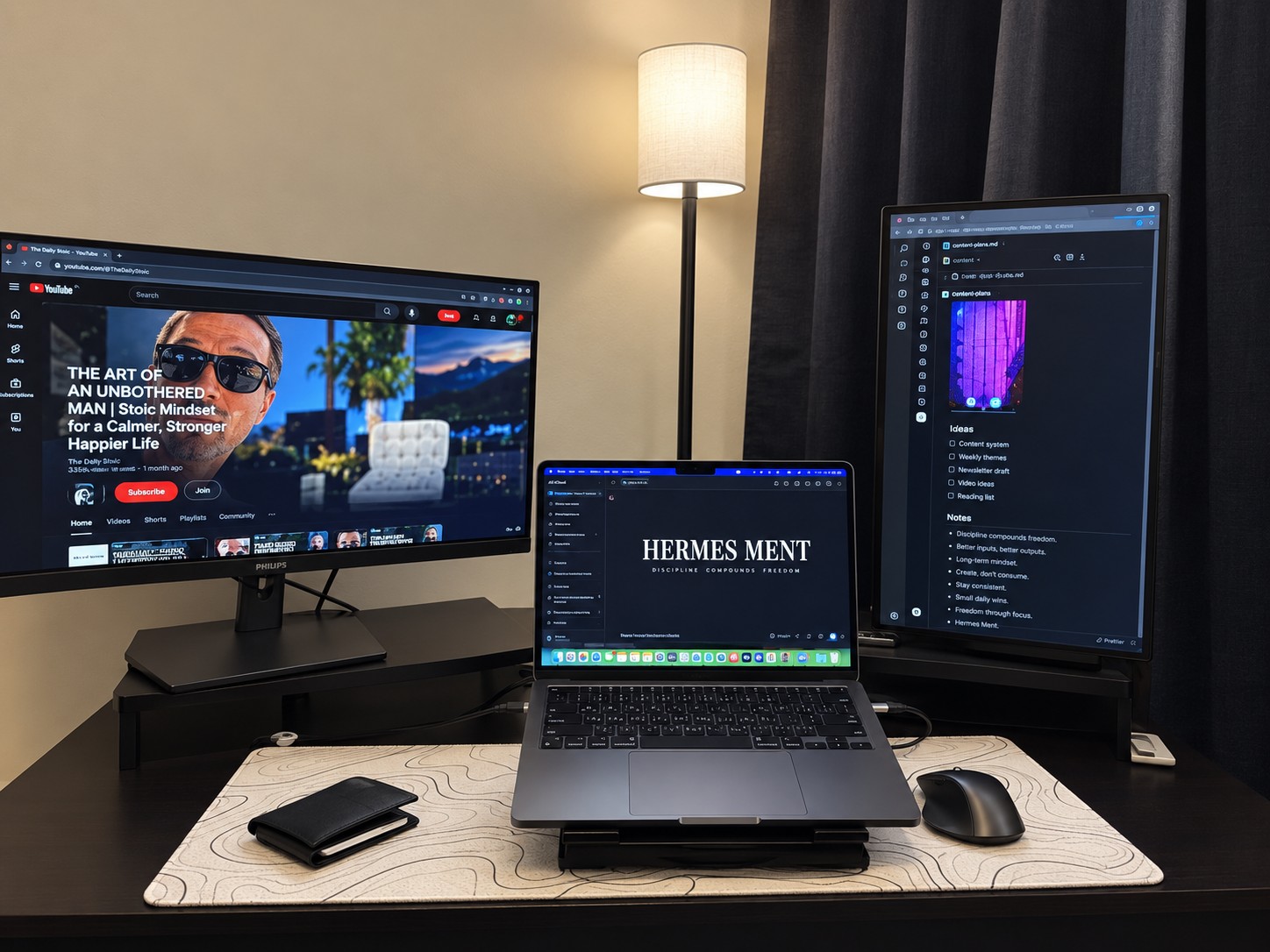 14-inch MacBook Pro M5 on a stand between a landscape monitor and a portrait monitor in Tony's desk setup