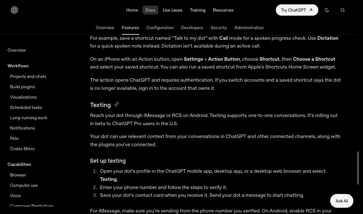 OpenAI documentation showing dot texting availability and setup instructions.