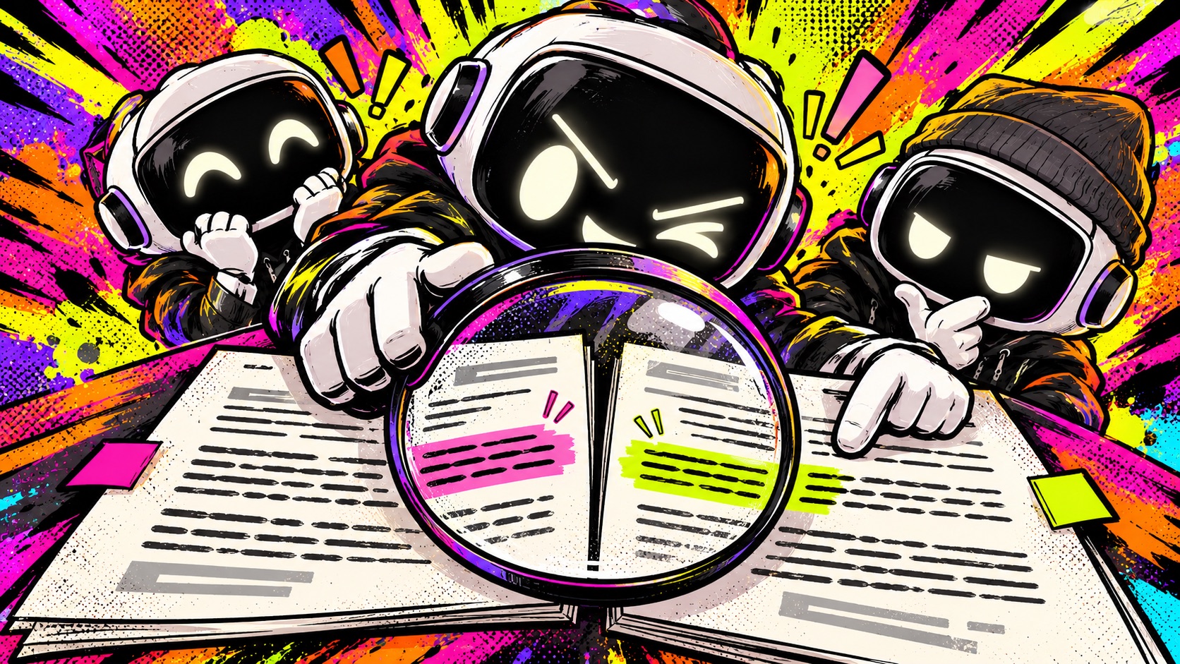 Three AI-generated Grok Bot characters compare two agreement pages through a magnifying glass, highlighting a changed clause in pink and lime.